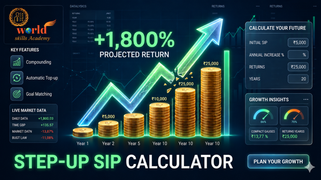 World Skills Academy Step-Up SIP Calculator showing SIP growth, compounding returns, future wealth projections, investment calculator, financial planning tools, and long-term investment insights.