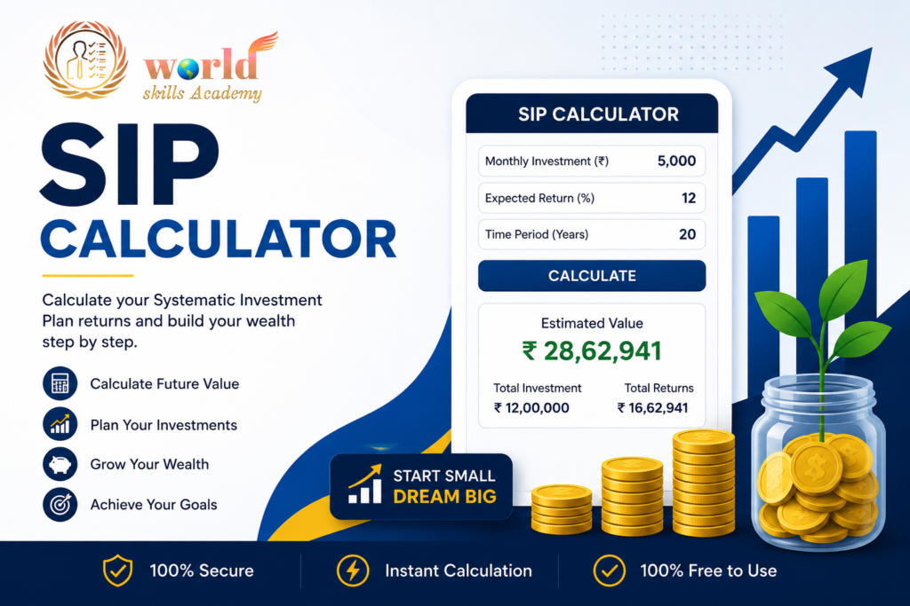 Online SIP Calculator with monthly investment, expected returns, and estimated wealth growth by World Skills Academy.